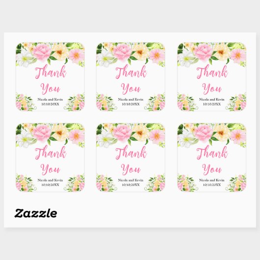 Summer Pink and Yellow Floral Wedding Thank You Vierkante Sticker (Vel)