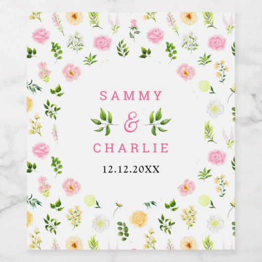 Summer Pink and Yellow Floral Wedding Wijn Etiket (Enkel label)