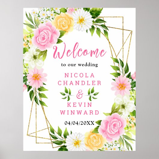 Summer Pink and Yellow Flower Wedding Welcome Sign Poster (Voorkant)