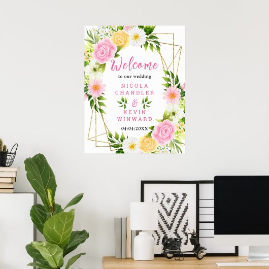 Summer Pink and Yellow Flower Wedding Welcome Sign Poster (Thuiskantoor)