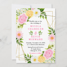 Summer Pink and Yellow Flowers and Foliage Wedding Kaart