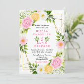 Summer Pink and Yellow Flowers and Foliage Wedding Kaart (Staand voorkant)
