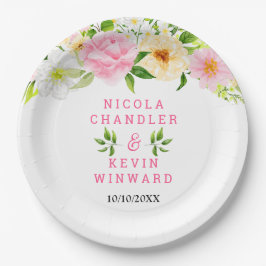 Summer Pink and Yellow Flowers and Foliage Wedding Papieren Bordje