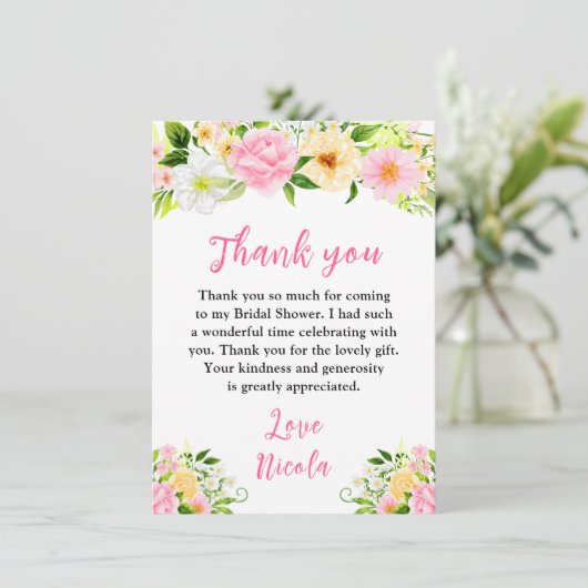 Summer Pink and Yellow Flowers Bridal Shower Bedankkaart (Staand voorkant)