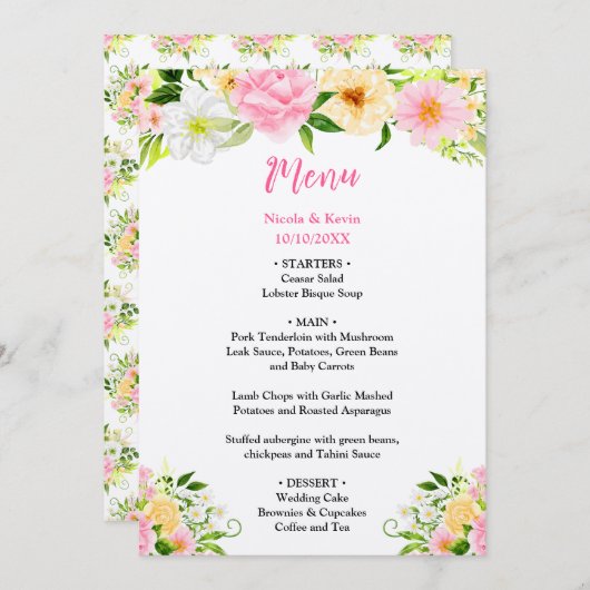 Summer Pink and Yellow Flowers Wedding Menu (Voorkant / Achterkant)
