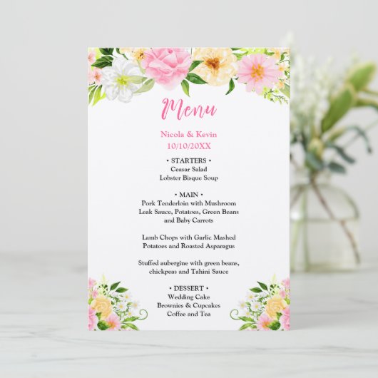 Summer Pink and Yellow Flowers Wedding Menu (Staand voorkant)