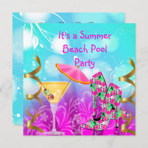 Summer Pink Blauwgroen Beach Pool Party Kaart