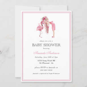Summer Pink Flamingo Modern Girl Baby shower Kaart