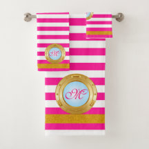 Summer Pink Gold Stripes Monogrammed Beach