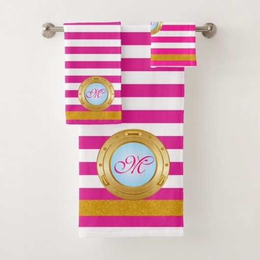 Summer Pink Gold Stripes Monogrammed Beach Bad Handdoek (Insitu)
