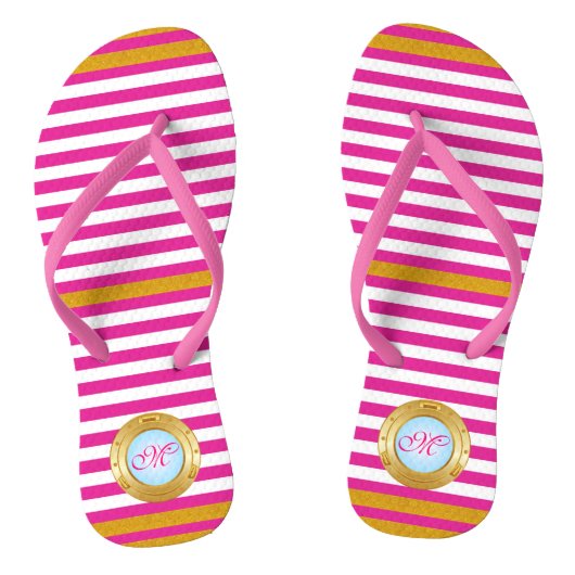 Summer Pink Gold Stripes Monogrammed Beach Teenslippers (Voetbed)