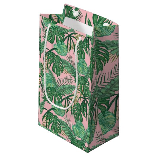 Summer Pink & Green Tropical Leaves Small Gift Bag Klein Cadeauzakje (Voorkant Gekanteld)