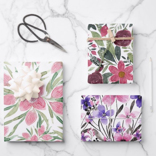 Summer Pink Green Waterverf Blooming Flowers Inpakpapier Vel (Voorkant)