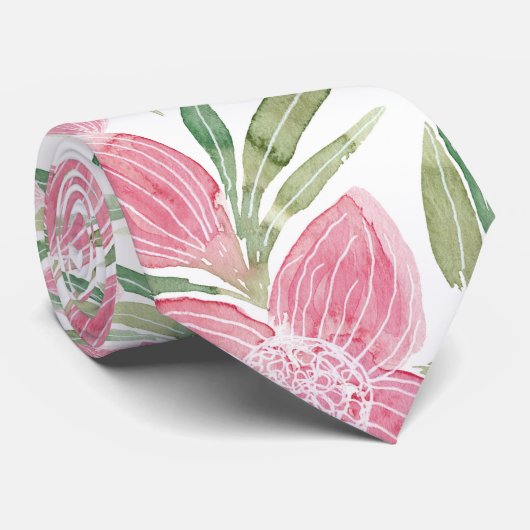 Summer Pink Green Waterverf Blooming Flowers Stropdas (Opgerold)