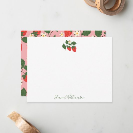 Summer  Pink Strawberry Boho Personalized Notitiekaartje (Voorkant / Achterkant in situ)