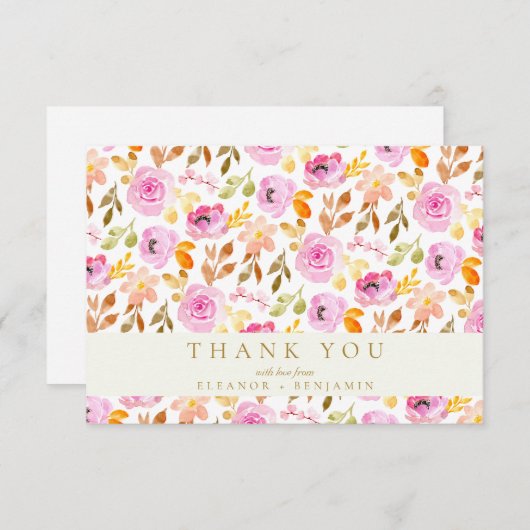 Summer Pink Waterverf Floral Custom Wedding Bedankkaart (Voorkant / Achterkant)