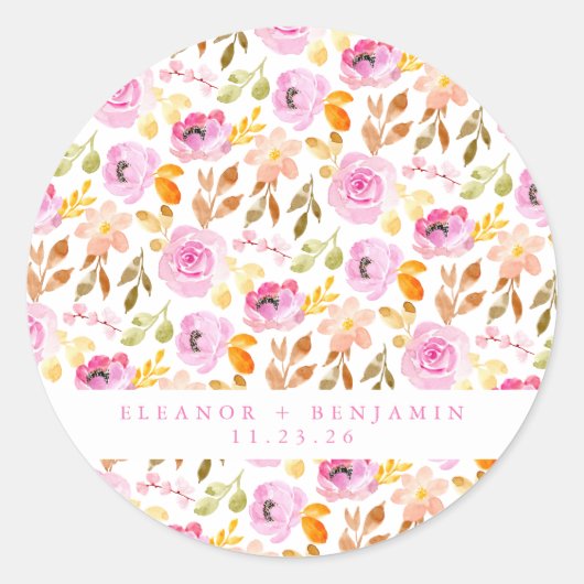 Summer Pink Waterverf Floral Custom Wedding Ronde Sticker (Voorkant)