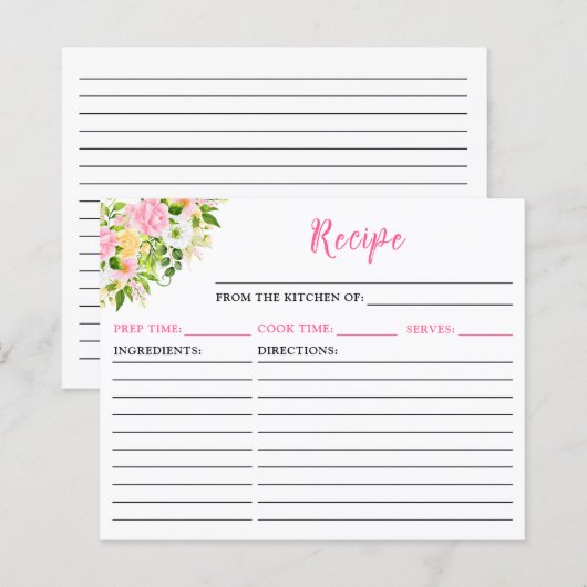 Summer Pink Yellow Floral Recipe Card (Voorkant / Achterkant)
