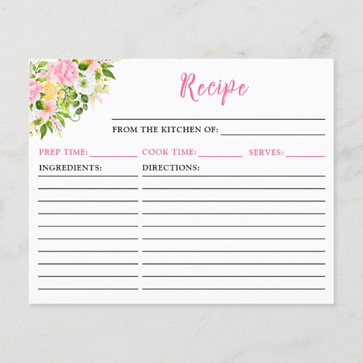 Summer Pink Yellow Floral Recipe Card (Voorkant)
