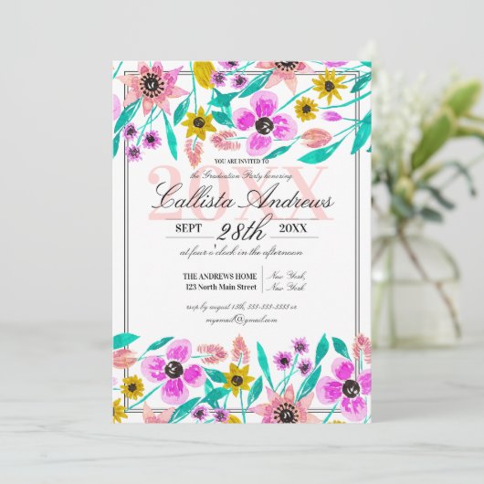 Summer Pink Yellow Floral Waterverf Afstuderen Kaart (Staand voorkant)