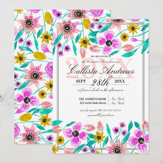 Summer Pink Yellow Floral Waterverf Afstuderen Kaart (Voorkant / Achterkant)