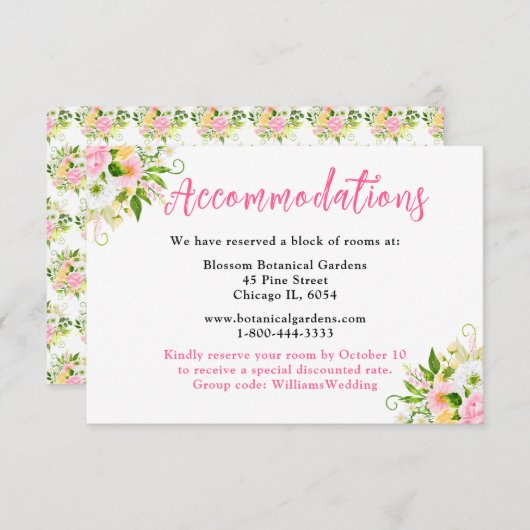 Summer Pink Yellow Floral Wedding Accommodations Informatiekaartje (Voorkant / Achterkant)