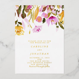 Summer Pink Yellow Floral Wedding Gold Folie Uitnodiging