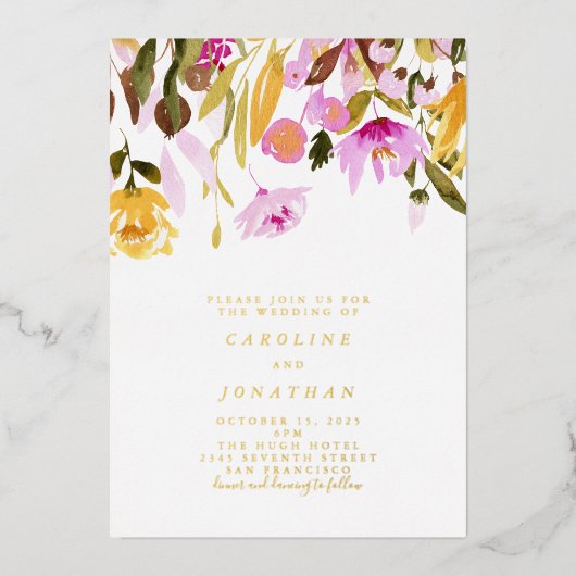 Summer Pink Yellow Floral Wedding Gold Folie Uitnodiging (Voorkant)