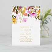 Summer Pink Yellow Floral Wedding Gold Folie Uitnodiging (Staand Voorkant)