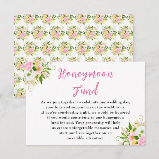 Summer Pink Yellow Floral Wedding Honeymoon Fund Informatiekaartje (Voorkant / Achterkant)