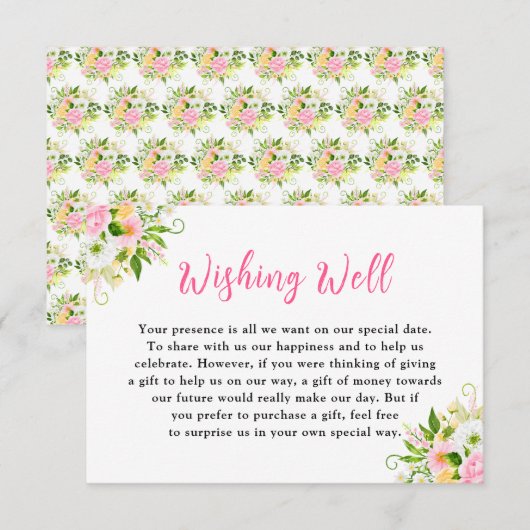 Summer Pink Yellow Floral Wedding Wishing Well Informatiekaartje (Voorkant / Achterkant)