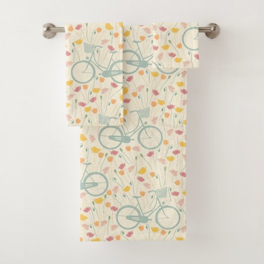 Summer Pink Yellow Flowers Blue Bicycle Patroon Bad Handdoek (Insitu)