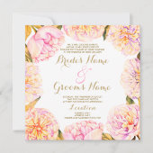 Summer pink yellow watercolor peony floral Wedding Kaart (Voorkant)