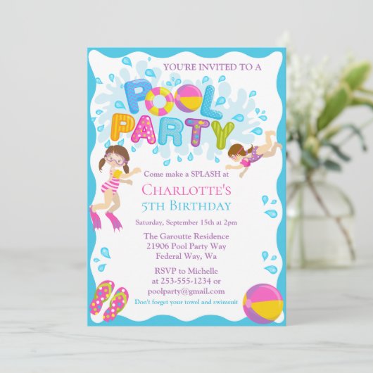 Summer Pool Birthday Party Invitation Kaart (Staand voorkant)