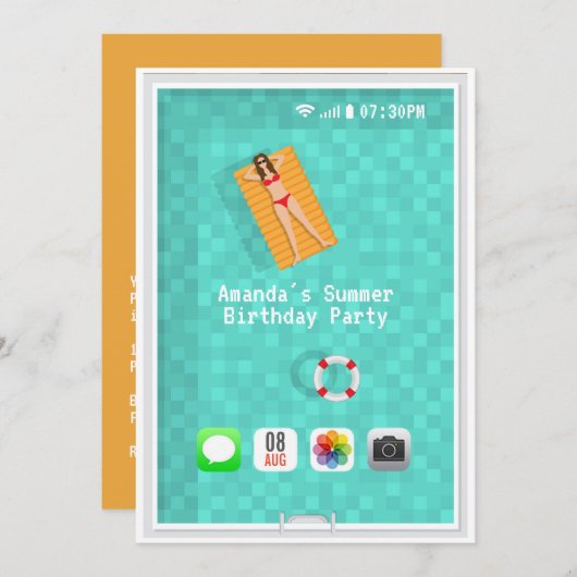 Summer Pool Birthday Party Invitation Kaart (Voorkant / Achterkant)