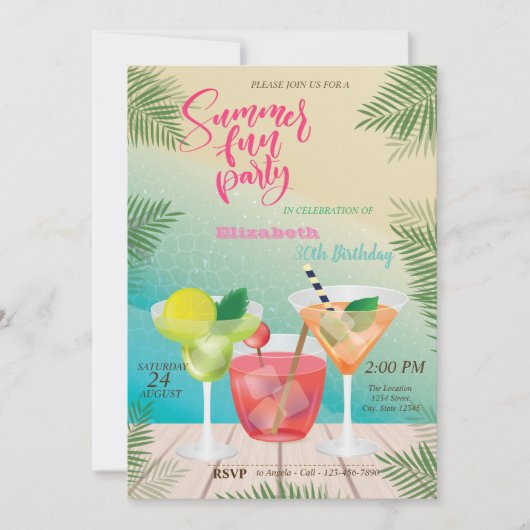 Summer, Pool, Cocktail Birthday Party Kaart (Voorkant)