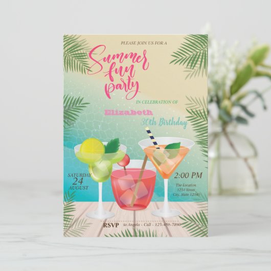 Summer, Pool, Cocktail Birthday Party Kaart (Staand voorkant)