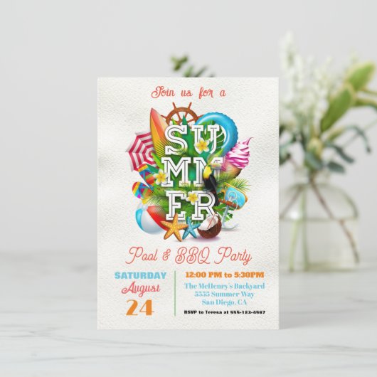 Summer Pool en BBQ Party Kaart (Staand voorkant)