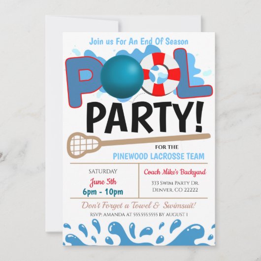 Summer Pool Lacrosse Party Uitnodiging (Voorkant)