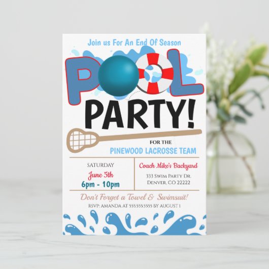 Summer Pool Lacrosse Party Uitnodiging (Staand voorkant)