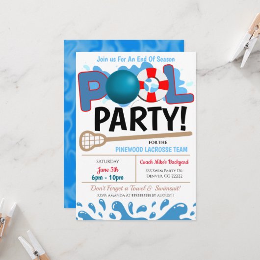 Summer Pool Lacrosse Party Uitnodiging (Voorkant / Achterkant in situ)