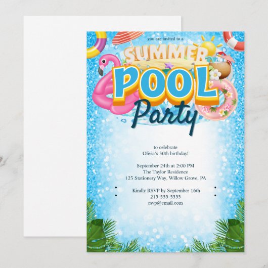 Summer Pool Party 30th Birthday Invitation Kaart (Voorkant / Achterkant)