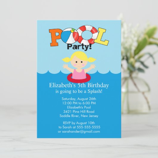 Summer POOL Party Birthday Invitation Blonde Girl Kaart (Staand voorkant)