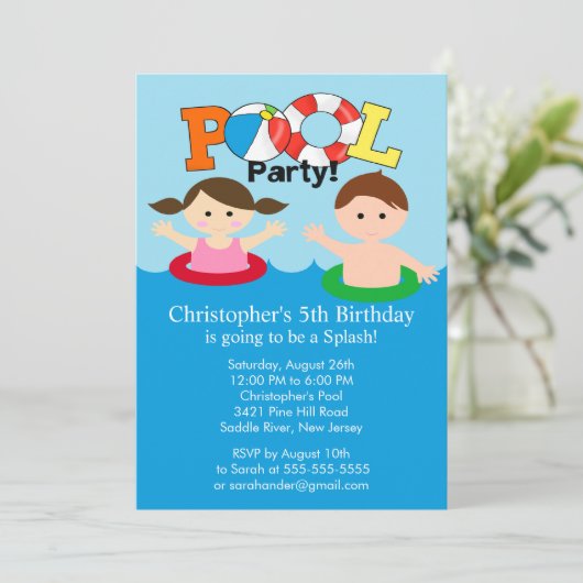 Summer POOL Party Birthday Invitation Boy Girl Kaart (Staand voorkant)