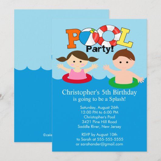 Summer POOL Party Birthday Invitation Boy Girl Kaart (Voorkant / Achterkant)