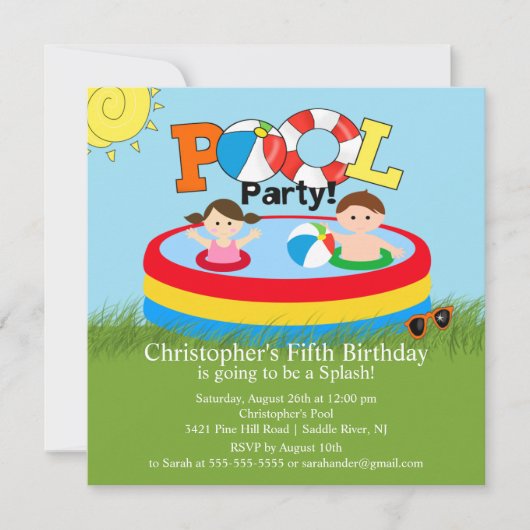 Summer POOL Party Birthday Invitation Boy Girl Kaart (Voorkant)