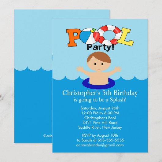 Summer POOL Party Birthday Invitation Boy Kaart (Voorkant / Achterkant)