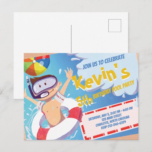 Summer Pool Party Birthday Invitation Briefkaart (Voorkant / Achterkant)