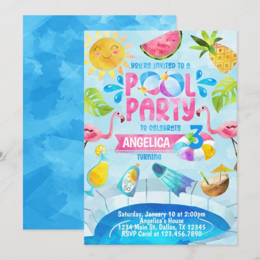 Summer Pool Party Birthday Invitation Invite Kaart (Voorkant / Achterkant)