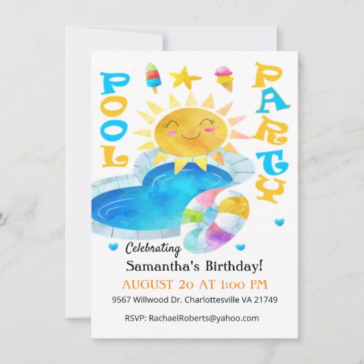 Summer Pool Party Birthday Invitation Kaart (Voorkant)